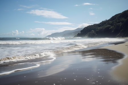 a serene beach with the sound of waves rolling onto shore, created with generative aiの素材