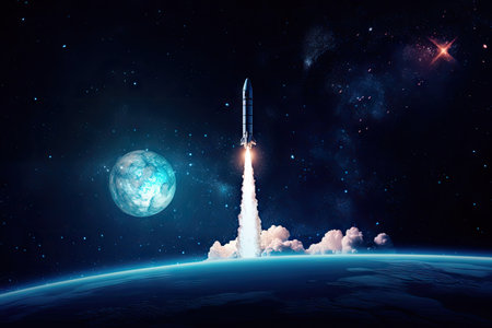 rocket launch, with view of the earth and stars in the background, created with generative aiの素材