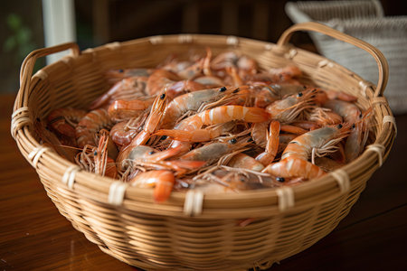 basket overflowing with tiger shrimp prawns, ready for cooking, created with generative aiの素材