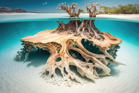 a surreal float island made of driftwood with a beachy vibe, surrounded by crystal clear water, created with generative aiの素材