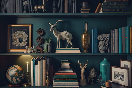 a bookshelf with an eclectic mix of books and knick-knacks, created with generative aiの素材