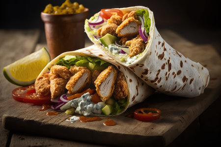 chicken shawarma wrap, filled with crispy chicken, warm sauce & tangy pickles, created with generative aiの素材