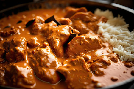 close-up of chicken tikka masala, with juicy and tender pieces of chicken in creamy and spicy sauce, created with generative aiの素材