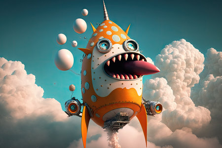 rocket with cartoonish face and polka dot eyes takes to the sky, created with generative aiの素材