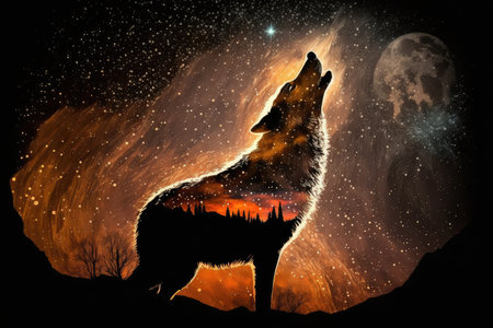 double exposure of wolf howling at the moon and starry night sky, created with generative aiの素材