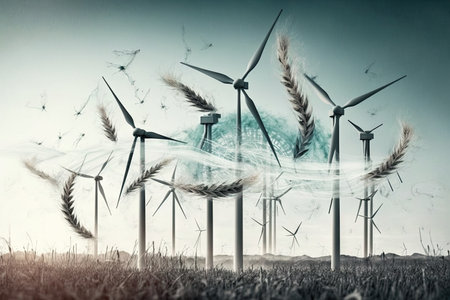 energy industry double exposure of wind farm with dandelion seeds flying in the breeze, created with generative aiの素材