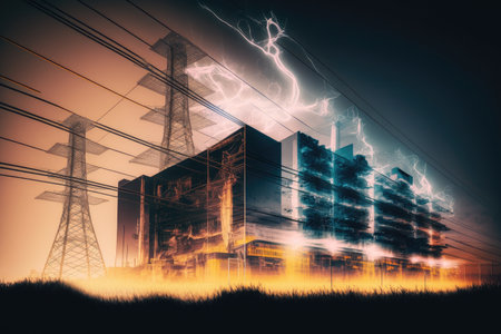 energy industry double exposure with abstract light and dark background, created with generative aiの素材