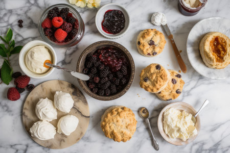 baking workshop with scones, jam, and clotted cream on a marble countertop, created with generative aiの素材