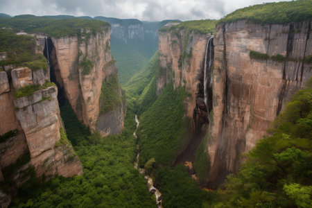 cliffs overlooking a majestic canyon with waterfalls and wildlife, created with generative aiの素材