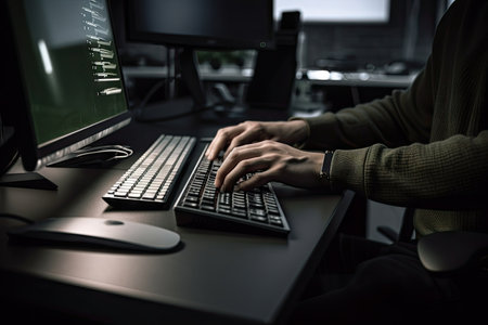 person, sitting at their desk, with computer and keyboard in the background, created with generative aiの素材