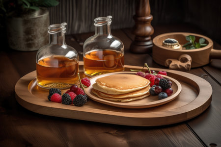 rustic wood plate, serving of mouthwatering pancakes & syrup, created with generative aiの素材