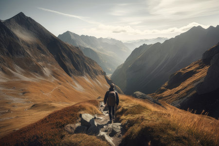 person, hiking through mountain range, with peaks and valleys in the background, created with generative aiの素材