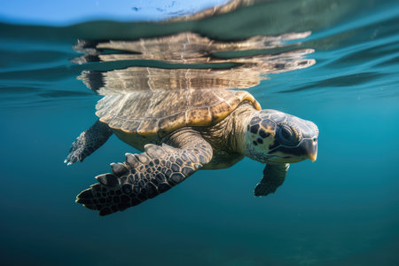 baby turtle swimming in clear blue ocean, with the sun shining down on its tiny shell, created with generative aiの素材
