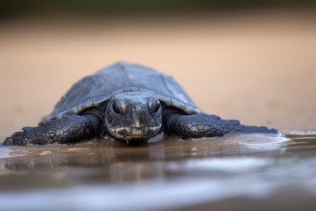 baby turtle climbing up the sandy beach, ready to find its way, created with generative aiの素材