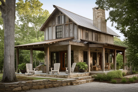 rustic french country house with wrap-around porch and adirondack chairs, created with generative aiの素材
