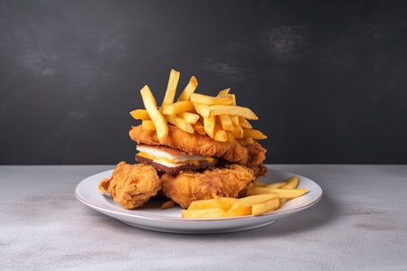 stack of fried ducky with french fries on a plate, created with generative aiの素材