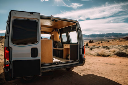 van with side door open, revealing the beautiful and rugged landscape, created with generative aiの素材