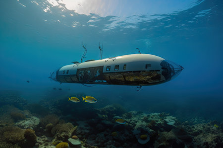 submersible gliding past schools of fish and coral reefs, created with generative aiの素材