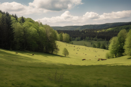 pasture surrounded by forest on the horizon, created with generative aiの素材