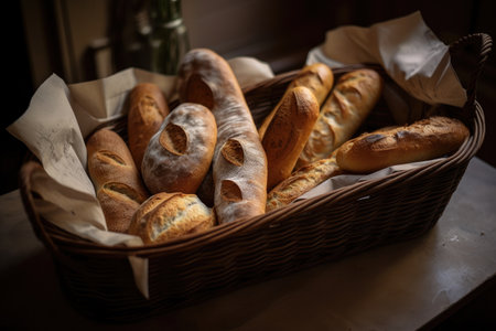 basket of warm, crusty baguettes and artisan loafs for a breakfast or brunch, created with generative aiの素材