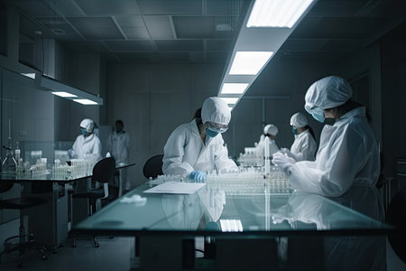 laboratory, with scientists conducting stem cell research and performing groundbreaking medical experiments, created with generative aiの素材