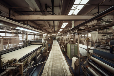 textile factory, with towering machines and conveyor belts creating a buzzing atmosphere, created with generative aiの素材