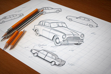 car design sketch on a sheet of graph paper for technical drawing, created with generative aiの素材