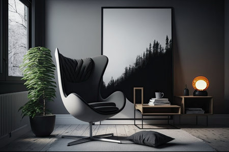 a sleek, modern armchair in the middle of a room with minimalistic decor, created with generative aiの素材