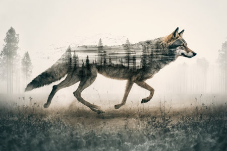 double-exposure of wolf running through forest and emerging into wide, open field, created with generative aiの素材