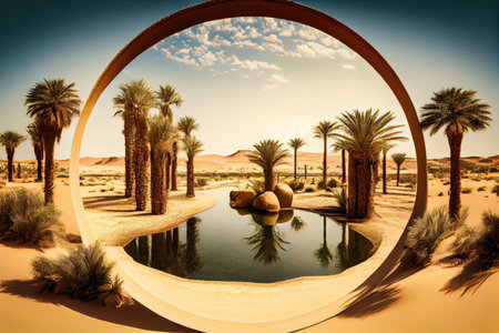 oasis with pool, surrounded by palm trees and desert in the background, created with generative aiの素材