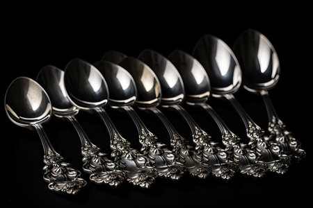 antique silver spoons arranged in row on black background, created with generative aiの素材