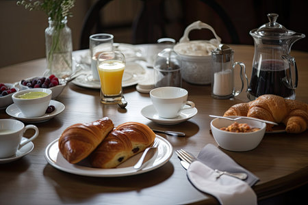 table setting, with plates of fresh pastries and coffee for breakfast, created with generative aiの素材