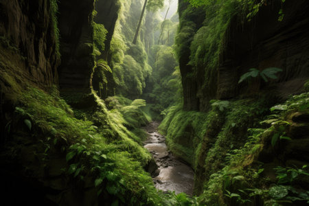 canyons with rushing waterfalls and lush greenery, created with generative aiの素材