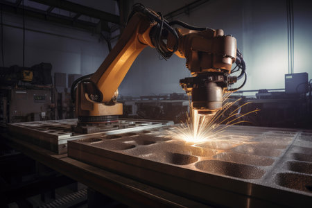robot arm welding metal plate in factory, created with generative aiの素材
