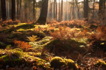 warming sun shining on forest floor, bringing new life to the trees and plants, created with generative aiの素材