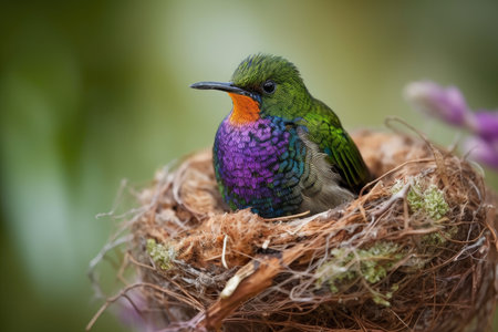 hummingbird, perched on delicate flower blossom, with beautiful hummingbird nest in the background, created with generative aiの素材