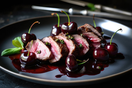 sous-vide venison tender and juicy, with sweet cherry sauce, created with generative aiの素材