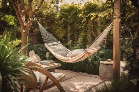 peaceful garden retreat, complete with hammock and tea service, created with generative aiの素材