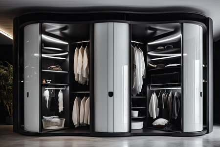 person, rotating wardrobe of sleek black and white styles, created with generative aiの素材