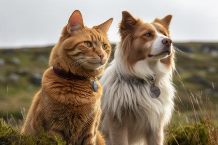 cat and dog setting off on exciting adventure in popular television series, created with generative aiの素材