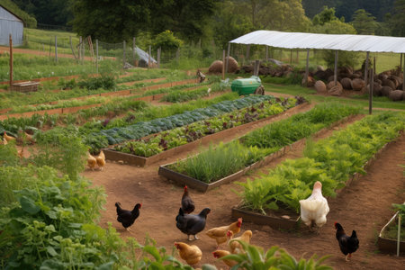sustainable farm, with rows of crops and animals for food, created with generative aiの素材