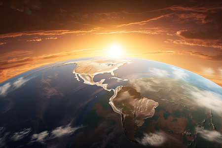 sunrise over globe, with the suns rays illuminating the clouds, and highlighting the continents, created with generative aiの素材