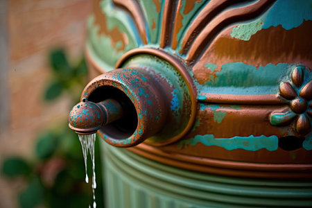 close-up of rain barrel with water cascading down its metal spout, created with generative aiの素材