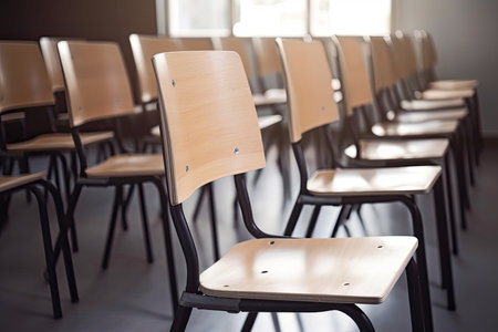 row of empty wooden lecture chairs in modern classroom setting, with blackboard and other learning tools visible, created with generative aiの素材