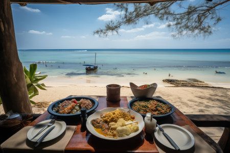 foodie, enjoying beautiful view of the beach, while eating lunch with fresh and flavorful food, created with generative aiの素材