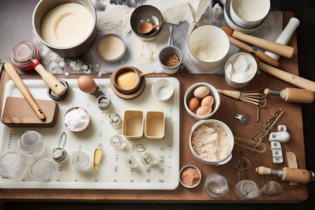 tabletop setup with a variety of tools, from rolling pins to measuring cups, created with generative aiの素材