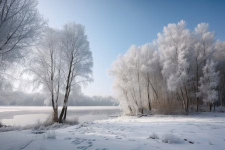 winter landscape with snow-covered trees and frozen lake, created with generative aiの素材