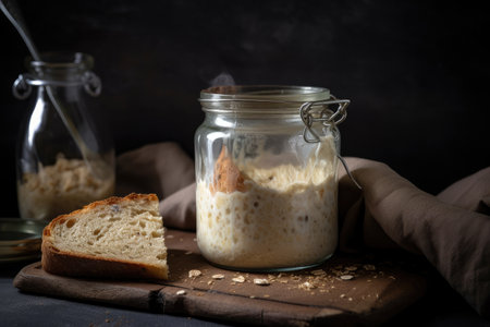 sourdough starter with ripe and bubbly crust in glass jar, created with generative aiの素材