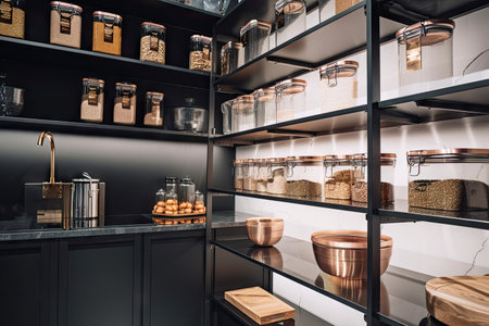 a sleek and modern pantry with glass jar storage, steel bins, and copper accents, created with generative aiの素材