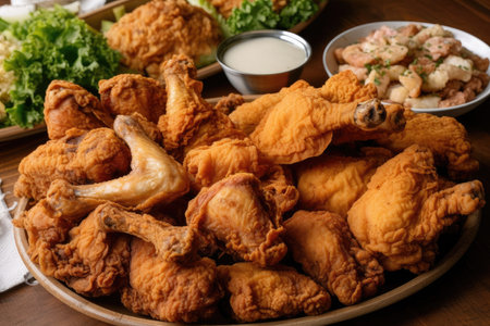 ready-to-eat fried chicken and sides on platter for easy lunches, picnics, and snacks, created with generative aiの素材